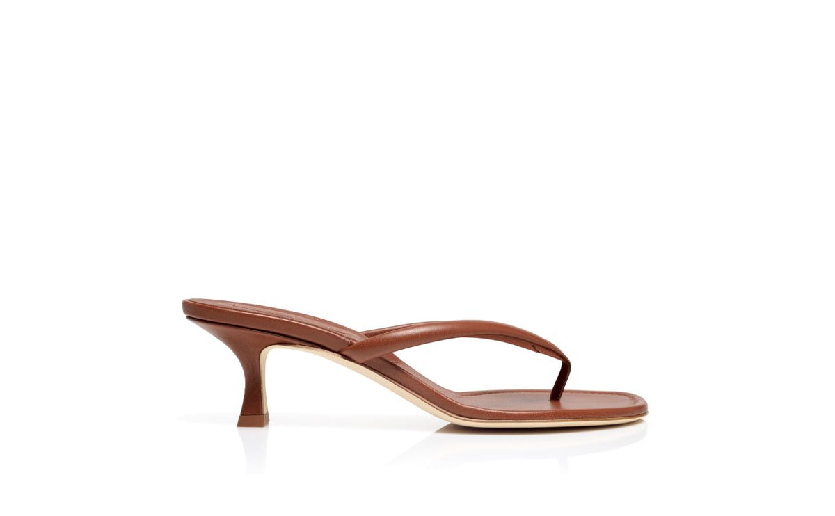 Noelle Flame Brown Nappa Leather Mules – side profile showing brown nappa leather, Vowalisse