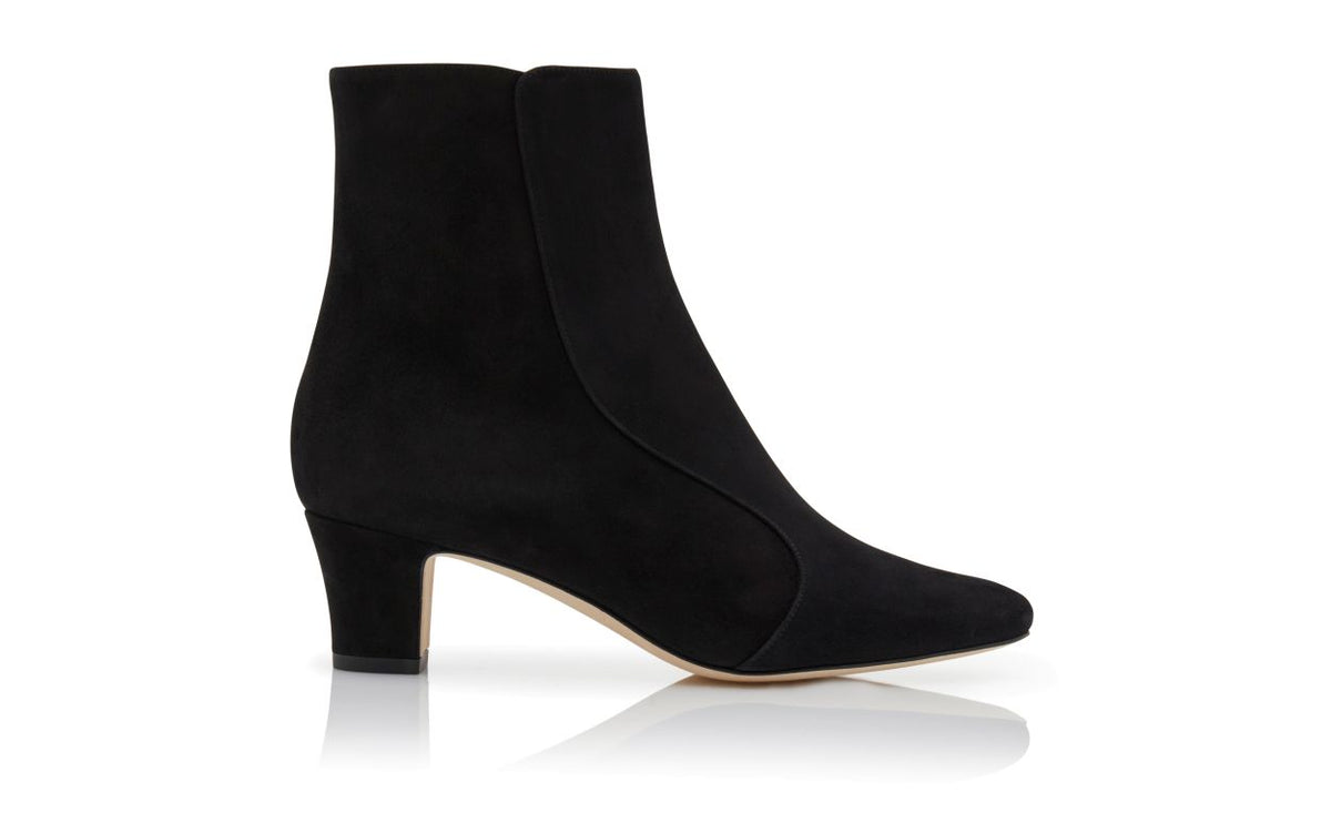 Emmeline Élan Black Round Toe Ankle Boots – side profile showing black round toe, suede, Vowalisse