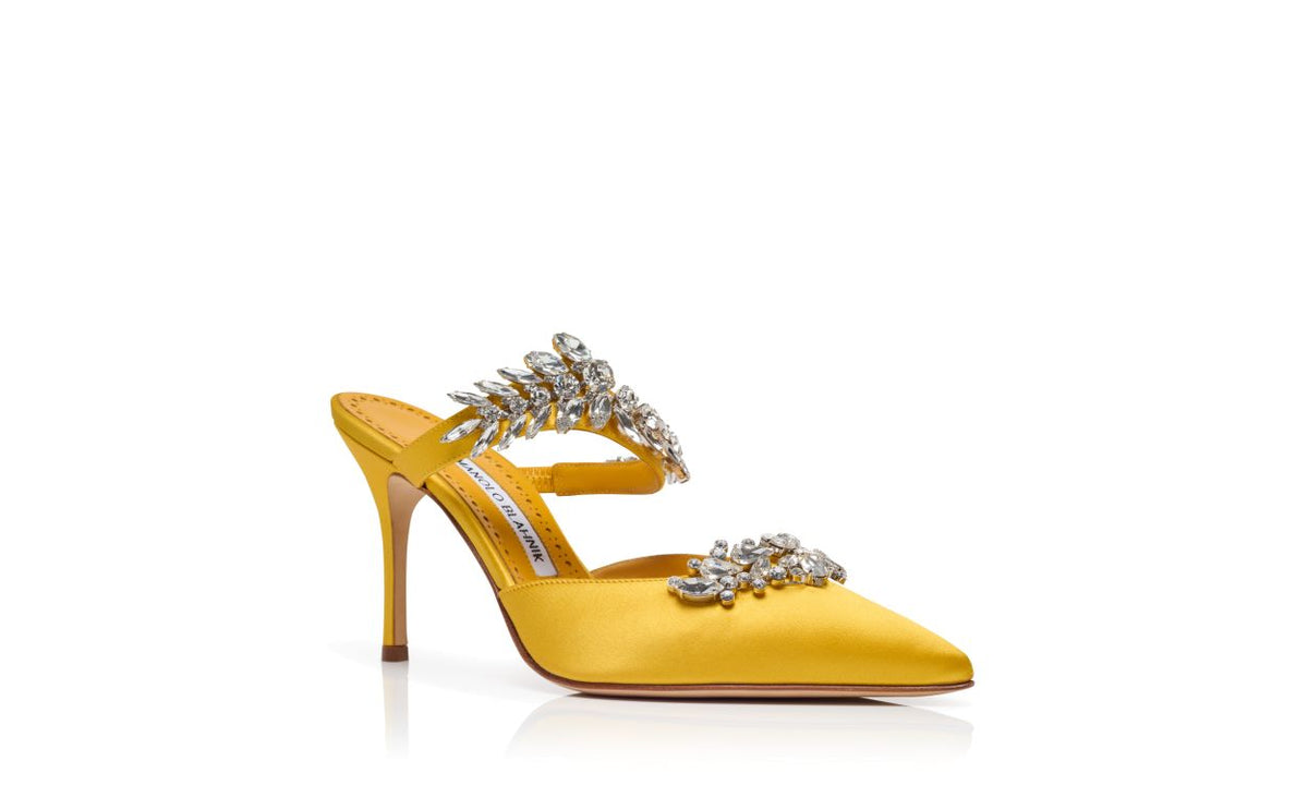 Seraphina Pearl Yellow Crystal Embellished Mules – top view showing yellow crystal embellished, pointed toe, satin…