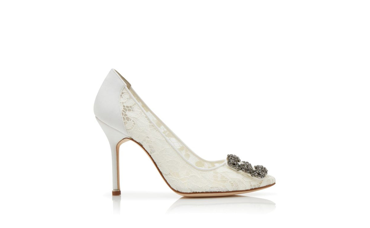 Amelie Élan White Jewel Buckle Pumps – side profile showing white jewel buckle, crystal buckle, almond toe, satin…