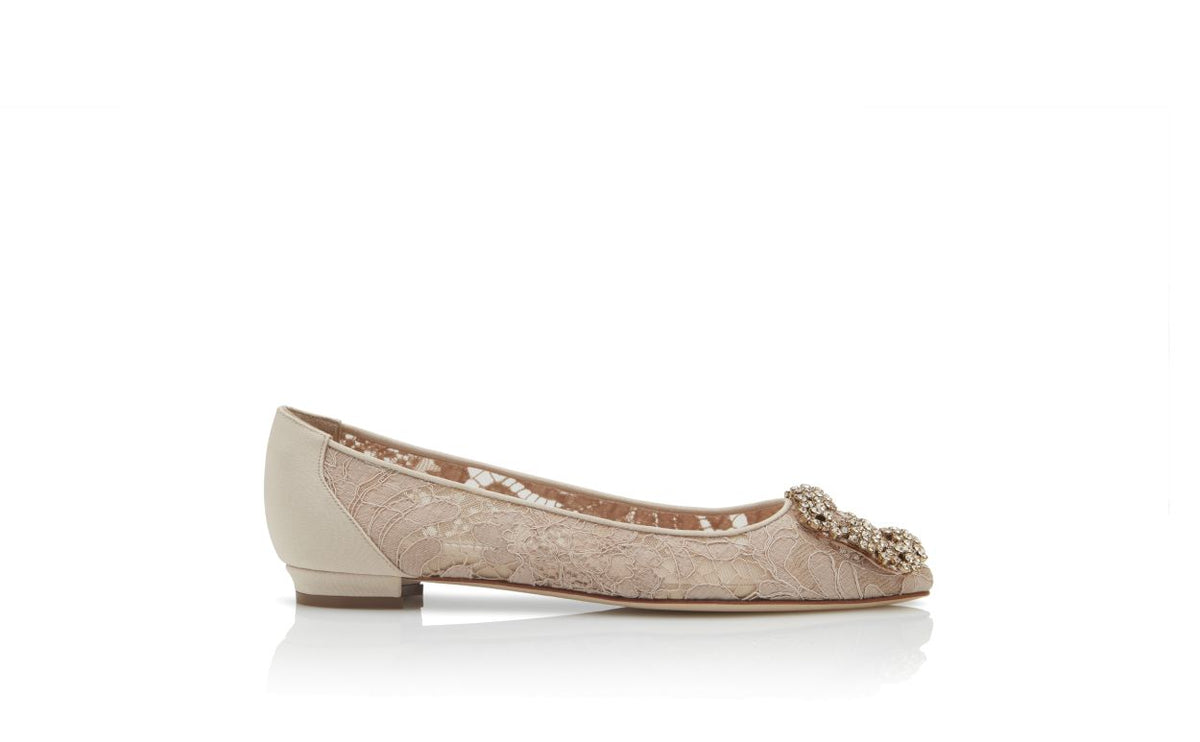 Lucienne Dawn Neutral Jewel Buckle Pumps – side profile showing neutral jewel buckle, crystal buckle, almond toe, satin…