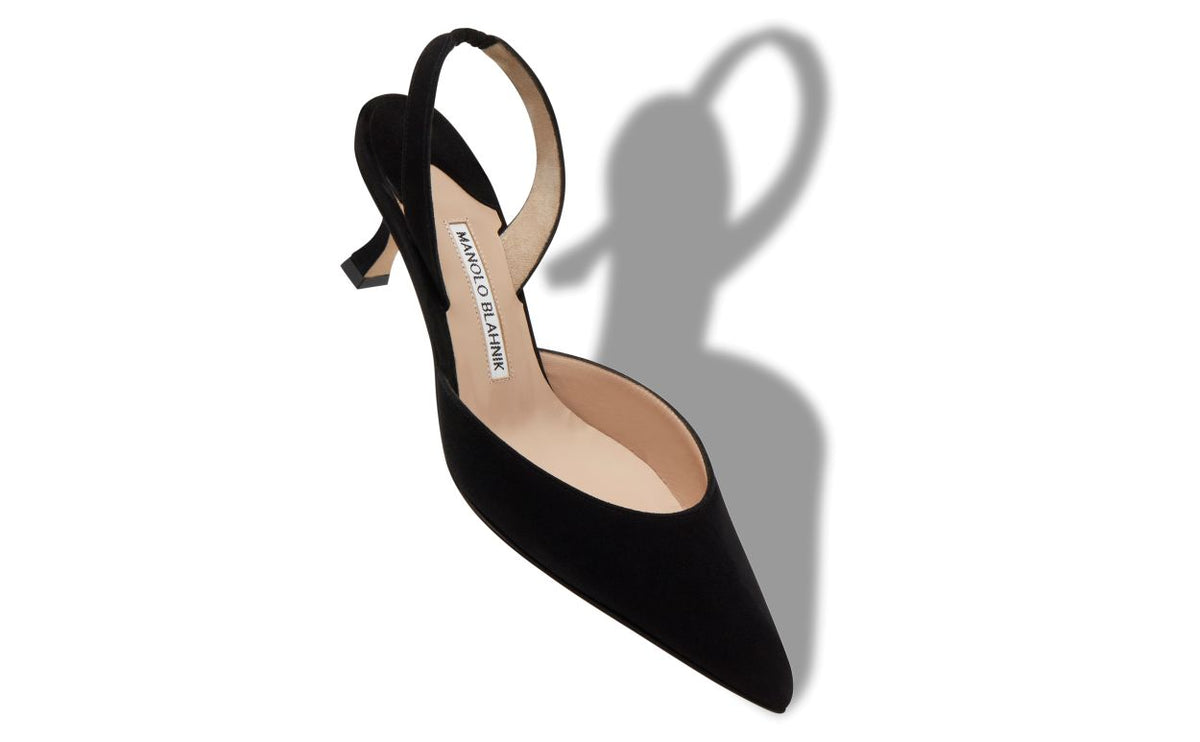 Amelie Bloom Black Slingback Slingbacks – front three-quarter view showing black slingback, almond toe, suede, Vowalisse