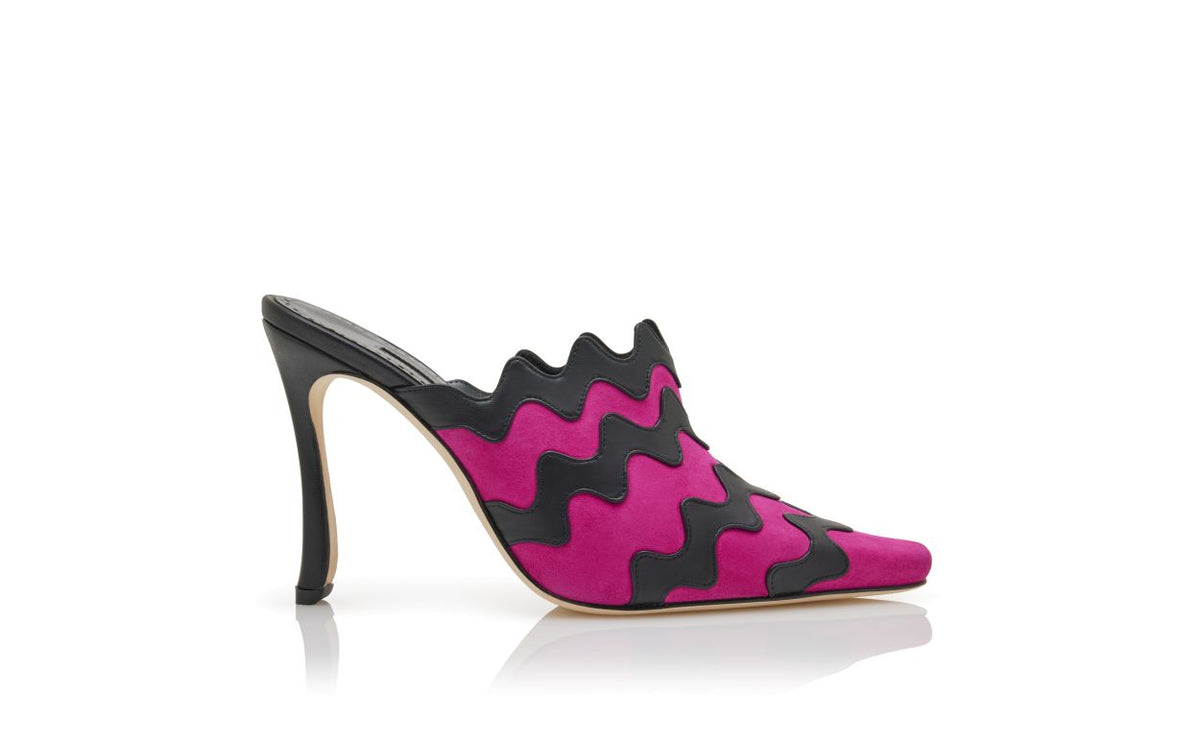 Cressida Rose Pink Almond Toe Mules – side profile showing pink almond toe, suede, nappa leather, Vowalisse