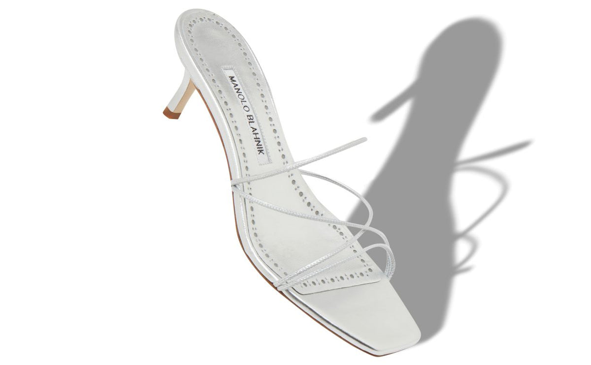 Camellia Flame Silver Open Toe Mules – front three-quarter view showing silver open toe, nappa leather, Vowalisse