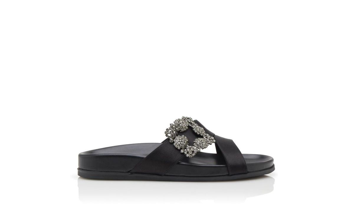 Marielle Grace Black Jewel Buckle Mules – side profile showing black jewel buckle, crossover, open toe, satin, Vowalisse