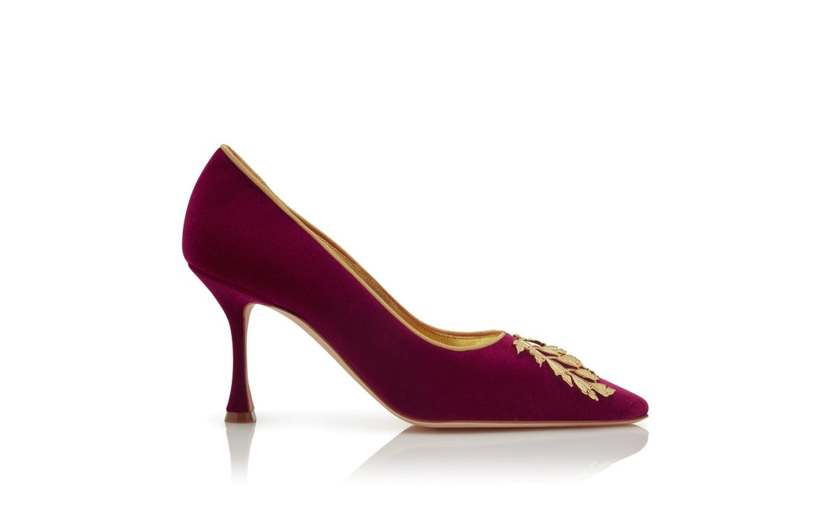 Leonora Jewel Red Almond Toe Pumps – side profile showing red almond toe, velvet, Vowalisse