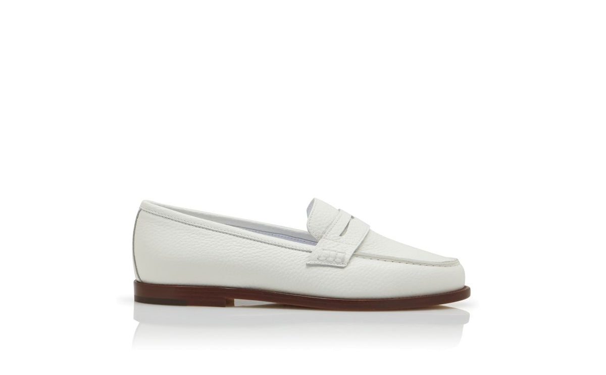 Fiorella Flame White Signature Loafers – side profile showing white refined detailing, Vowalisse