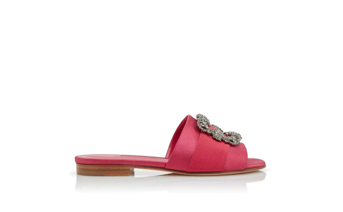 Isadora Shine Pink Jewel Buckle Mules – side profile showing pink jewel buckle, crystal buckle, satin, Vowalisse