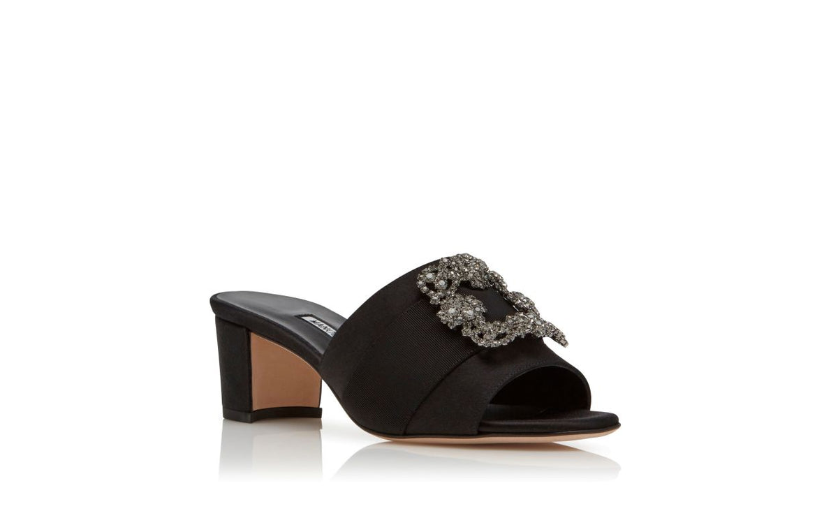 Celeste Flame Black Jewel Buckle Mules – top view showing black jewel buckle, crystal buckle, satin, Vowalisse