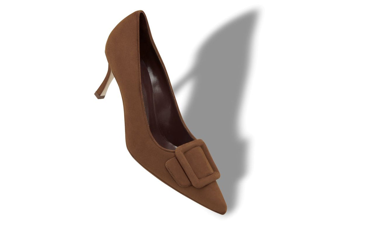 Marielle Dream Brown Pointed Toe Pumps – front three-quarter view showing brown pointed toe, suede, Vowalisse