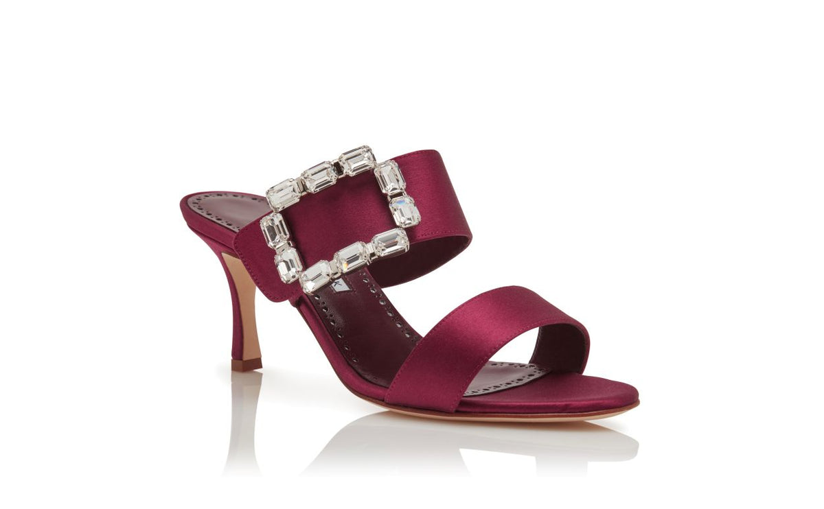 Emmeline Lace Red Crystal Buckle Mules – side profile showing red crystal buckle, open toe, satin, Vowalisse