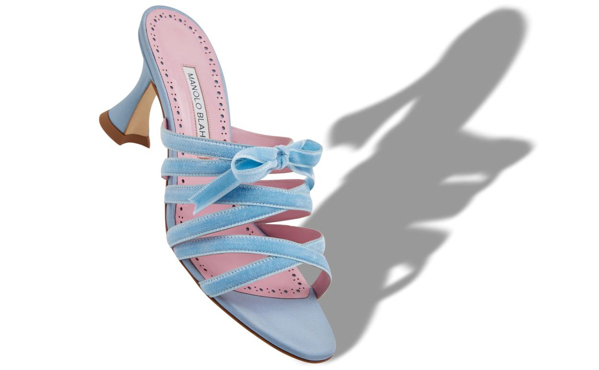 Cressida Muse Blue Bow Detail Mules – front three-quarter view showing blue bow detail, open toe, velvet, Vowalisse