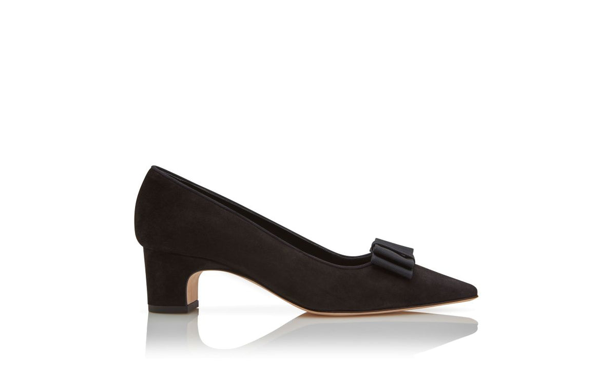 Marcella Flame Black Bow Detail Pumps – side profile showing black bow detail, pointed toe, suede, Vowalisse