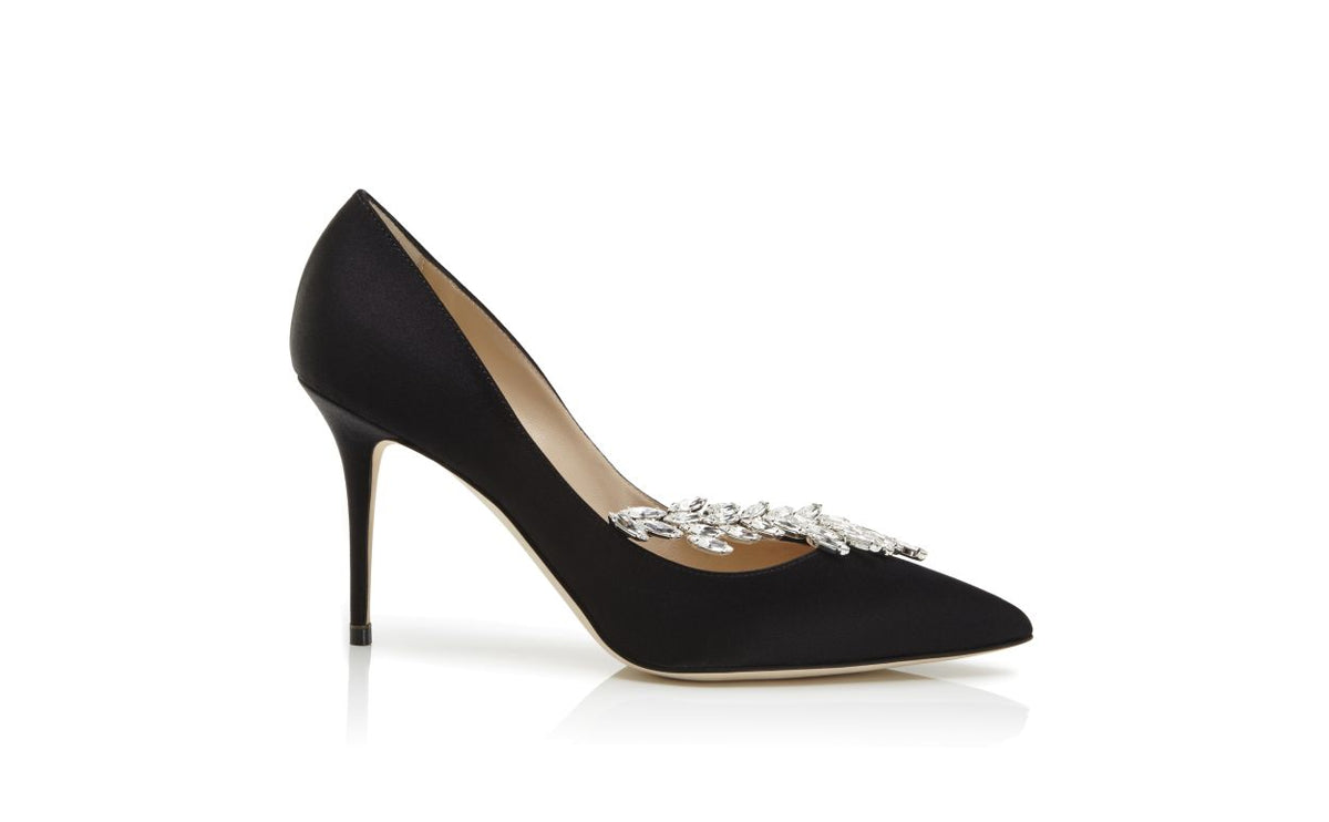 Noelle Crown Black Jewel Buckle Pumps – side profile showing black jewel buckle, pointed toe, satin, Vowalisse