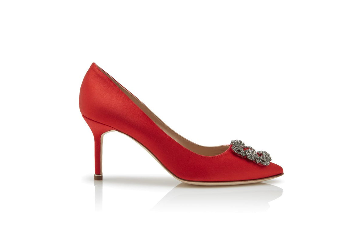 Ophelia Bloom Red Jewel Buckle Pumps – side profile showing red jewel buckle, crystal buckle, almond toe, satin, Vowalisse