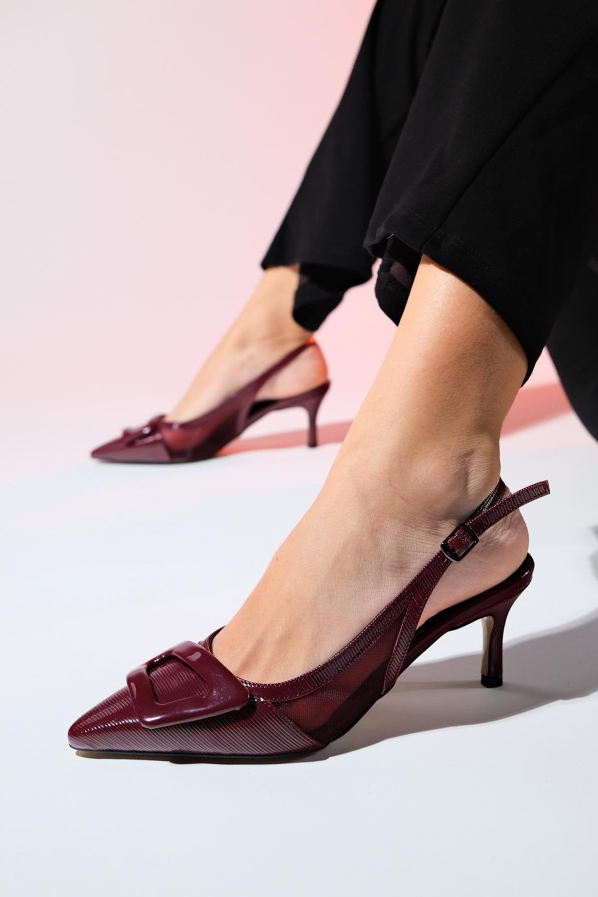 Foley - Burgundy Patent Striped Pointed Toe Backless Stiletto Pump – front three-quarter view showing leather, Vowalisse