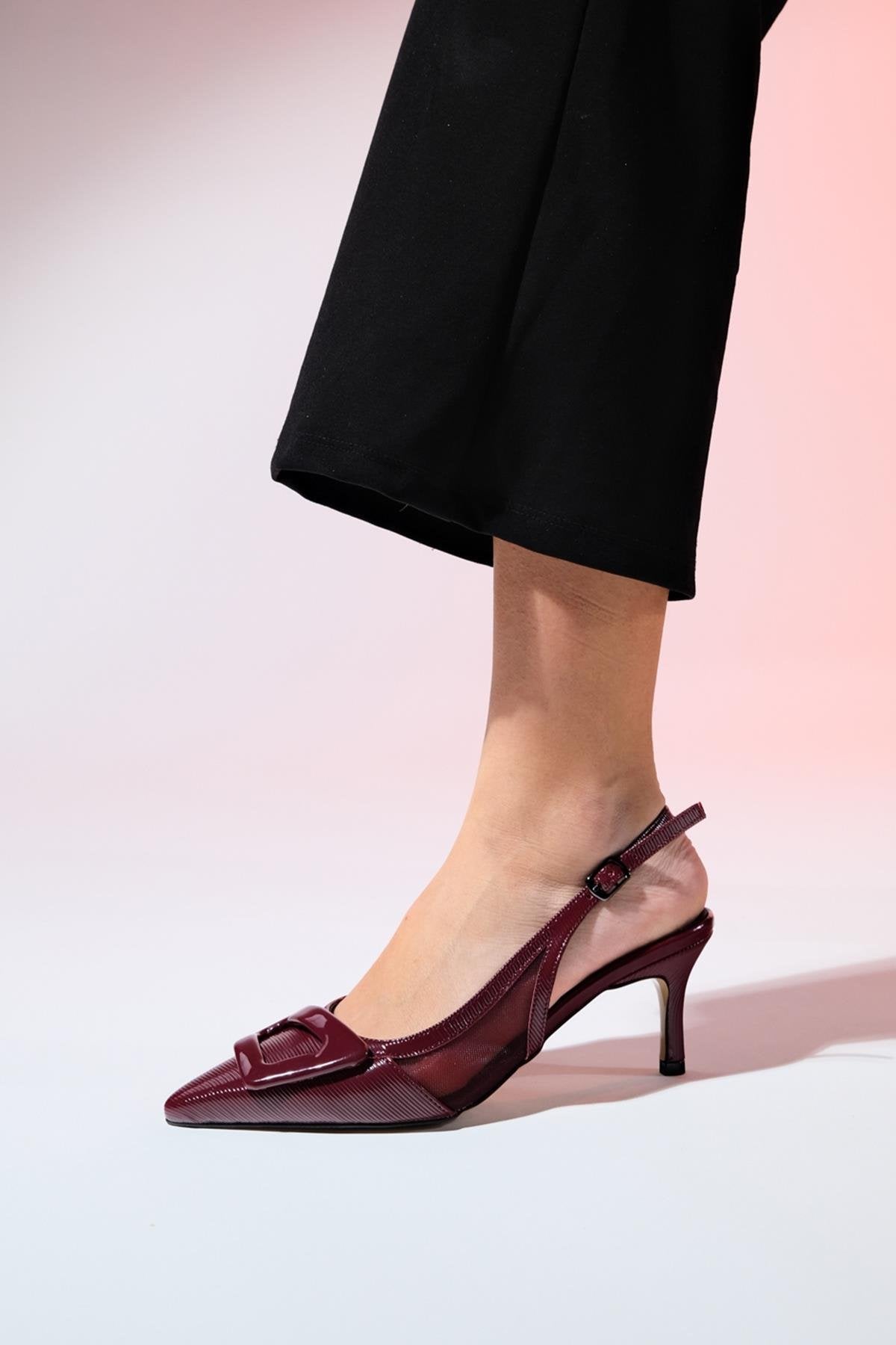 Foley - Burgundy Patent Striped Pointed Toe Backless Stiletto Pump – back view showing leather, Vowalisse