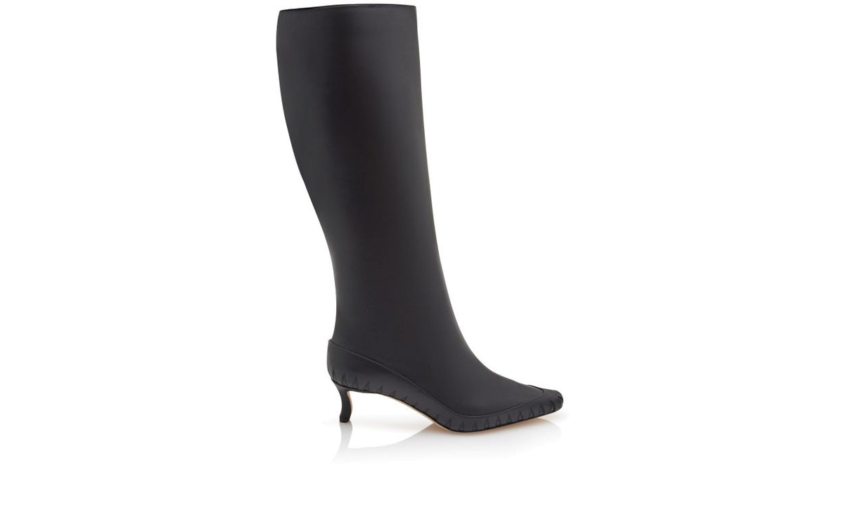 Juliette Star Black Almond Toe Knee-High Boots – side profile showing black almond toe, Vowalisse