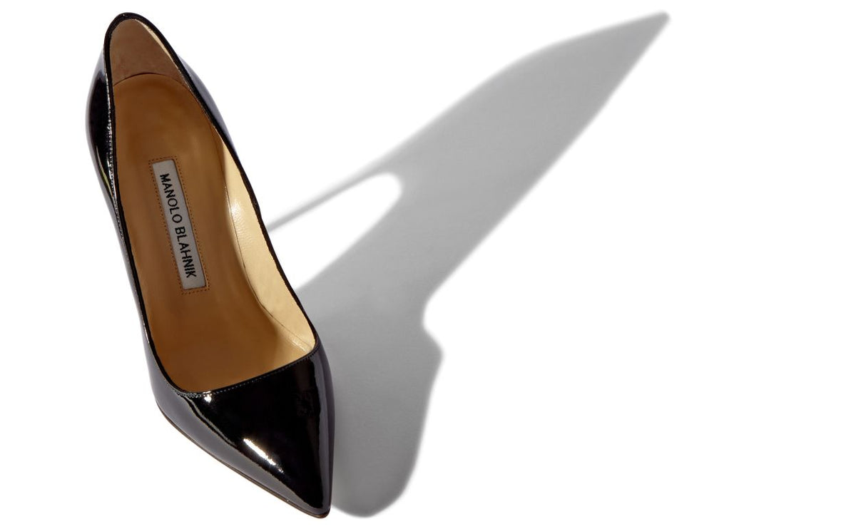 Fiorella Bloom Black Pointed Toe Pumps – front three-quarter view showing black pointed toe, patent leather, Vowalisse