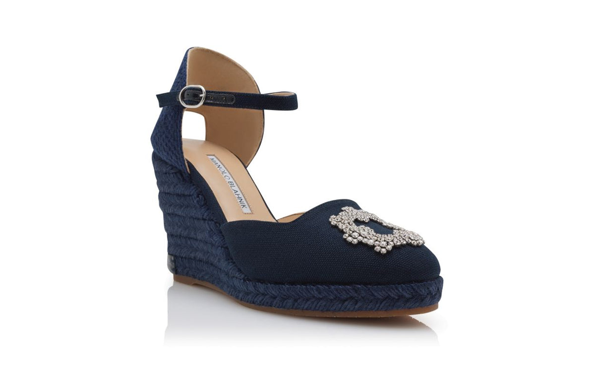 Emmeline Jewel Blue Crystal Buckle Espadrilles – top view showing blue crystal buckle, crystal embellished, ankle strap…