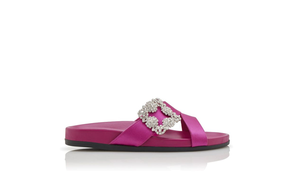 Celeste Halo Pink Jewel Buckle Mules – side profile showing pink jewel buckle, crossover, open toe, satin, Vowalisse