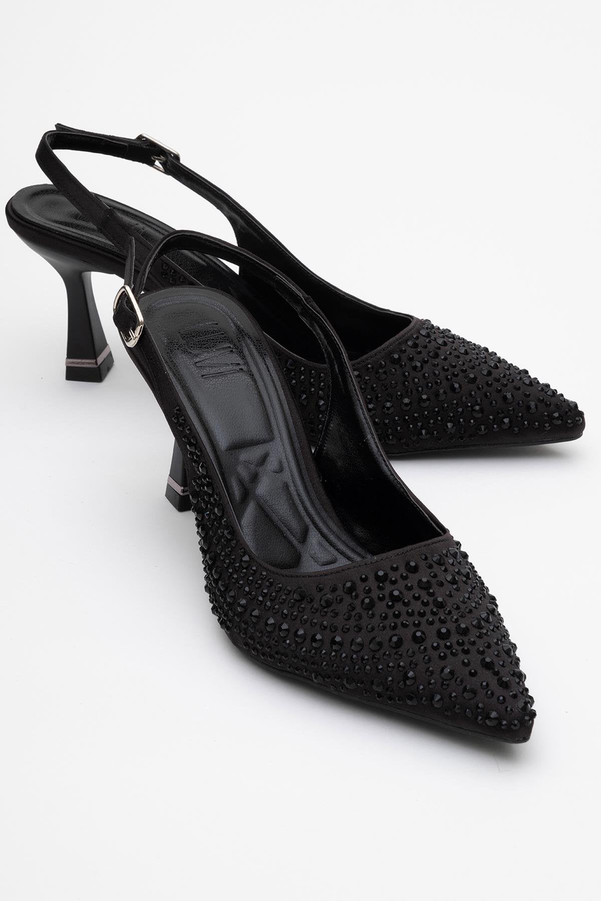 Juan - Black Satin Embellished Evening Shoe – front three-quarter view showing satin, leather, black, Vowalisse