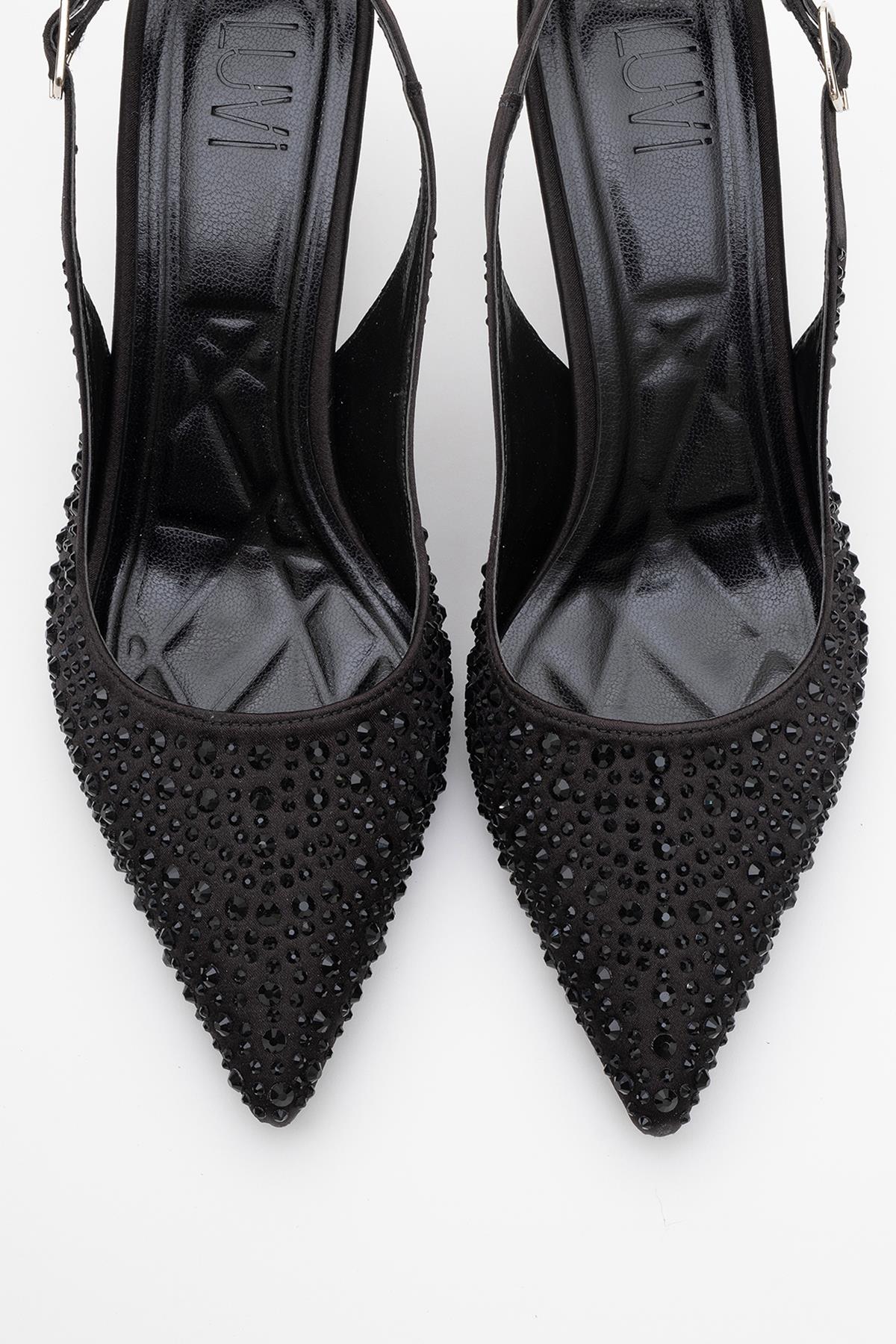 Juan - Black Satin Embellished Evening Shoe – side view showing satin, leather, black, Vowalisse