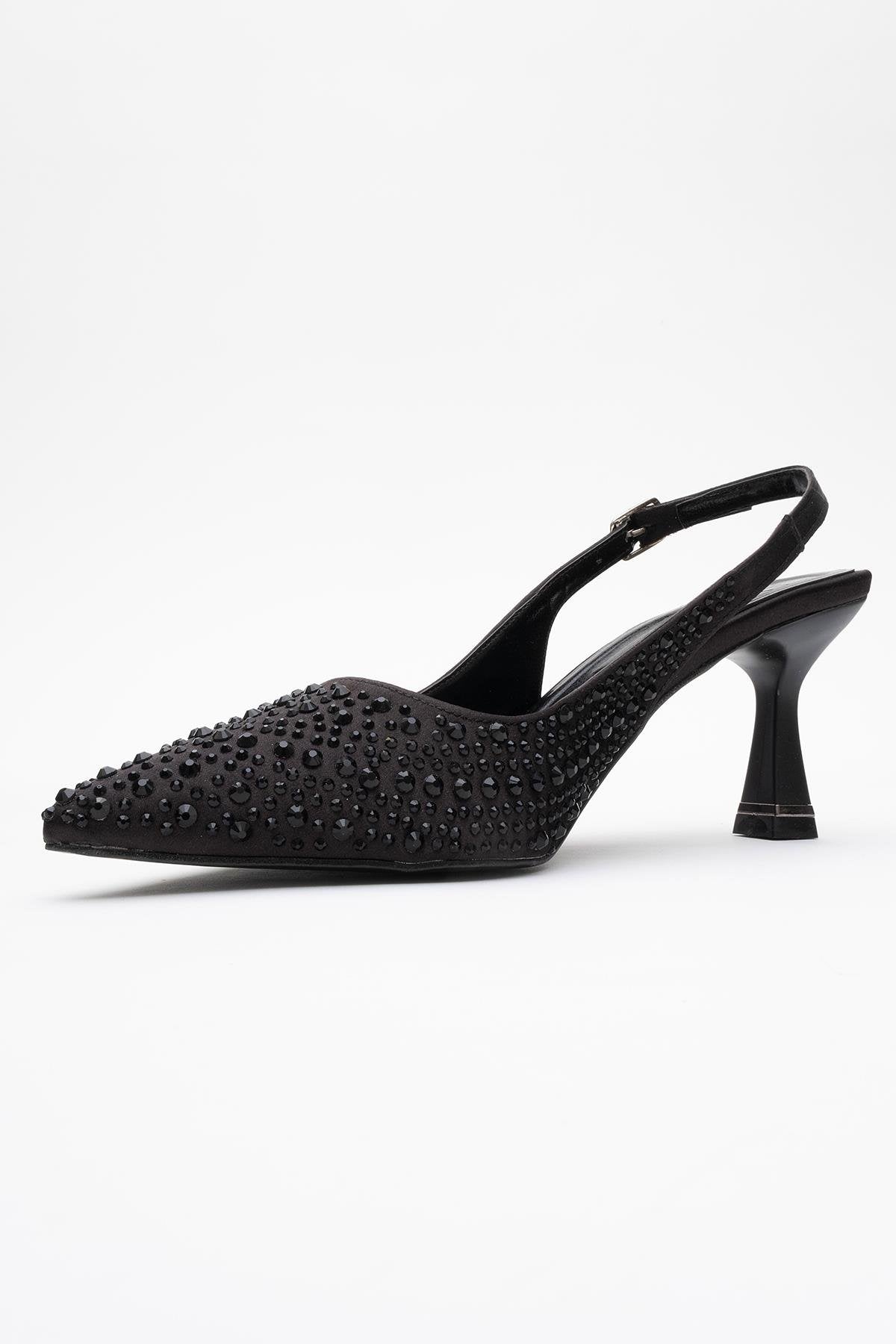 Juan - Black Satin Embellished Evening Shoe – heel view showing satin, leather, black, Vowalisse