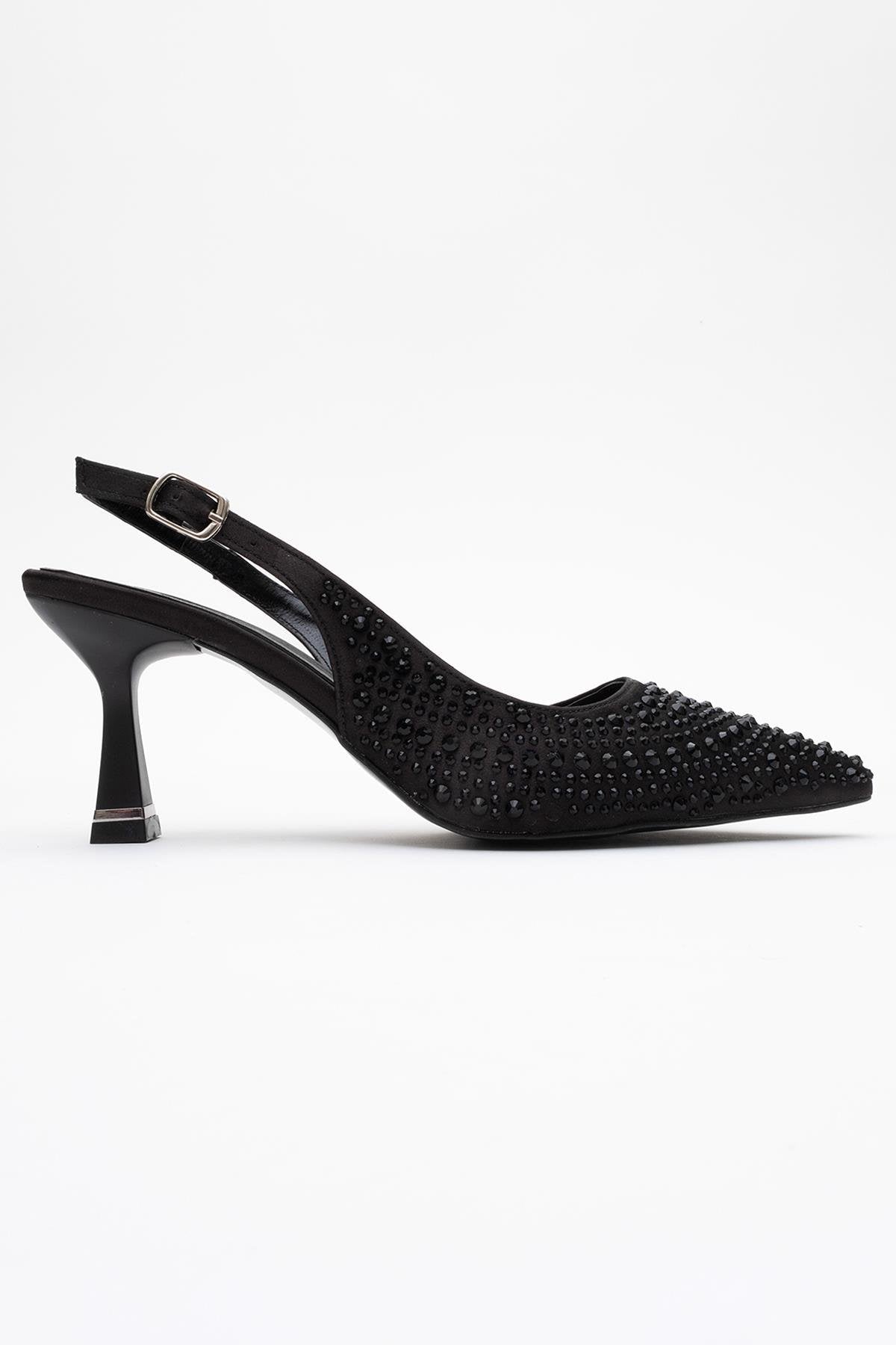Juan - Black Satin Embellished Evening Shoe – top view showing satin, leather, black, Vowalisse