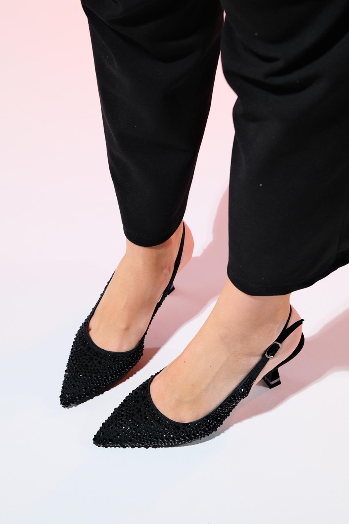Juan - Black Satin Embellished Evening Shoe – pair view showing satin, leather, black, Vowalisse