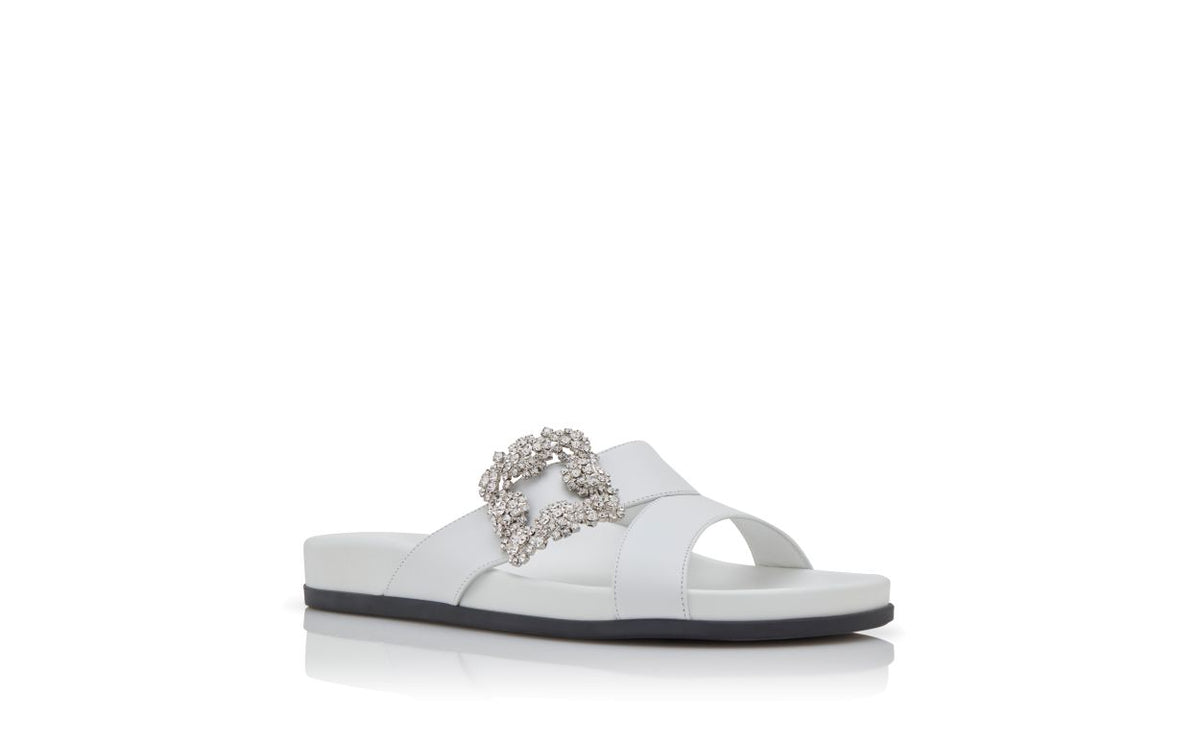 Arabella Lace White Jewel Buckle Mules – top view showing white jewel buckle, crossover, open toe, Vowalisse