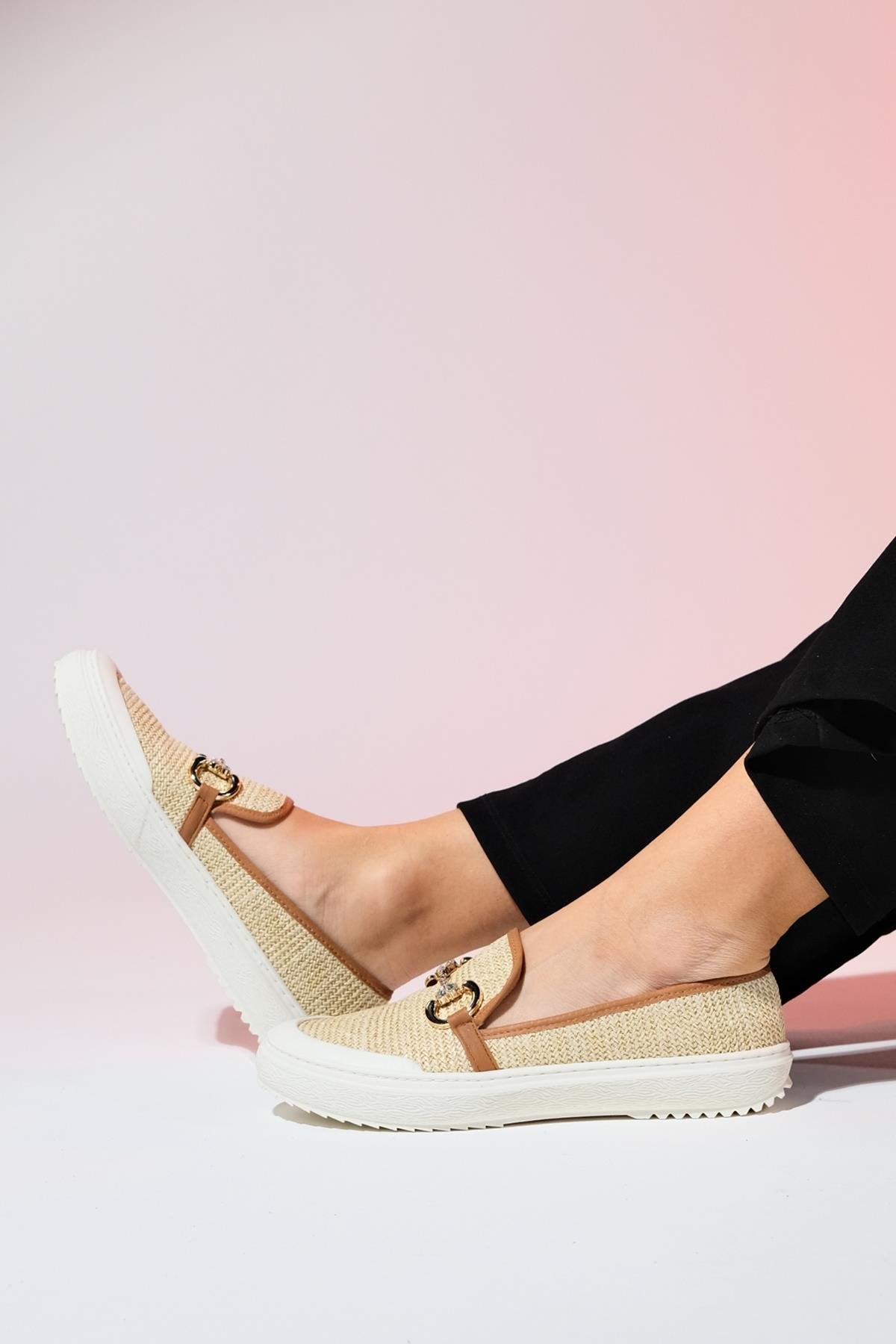 Barcelos - Beige Straw Buckle Loafer – top view showing leather, Vowalisse