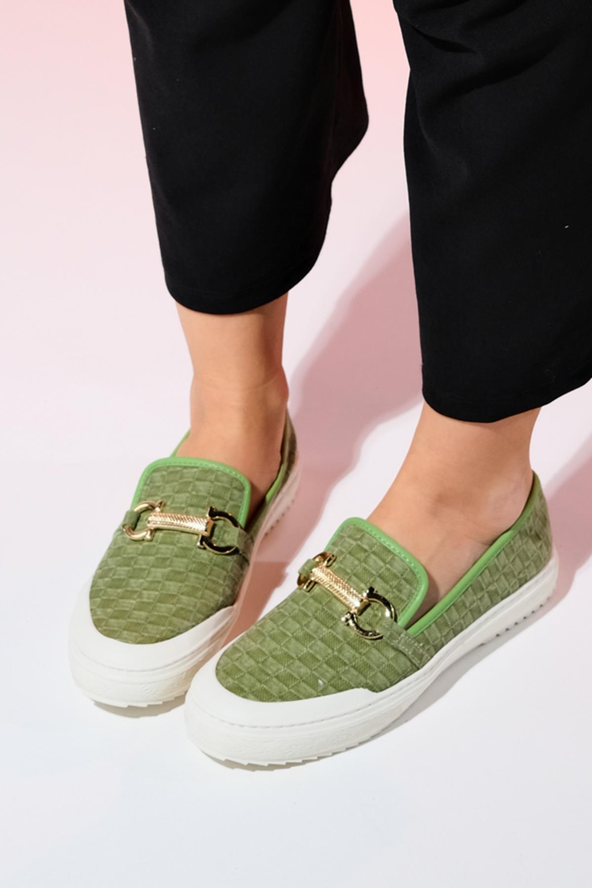 Marakesh - Green Denim Buckle Loafer – front three-quarter view showing leather, green, Vowalisse