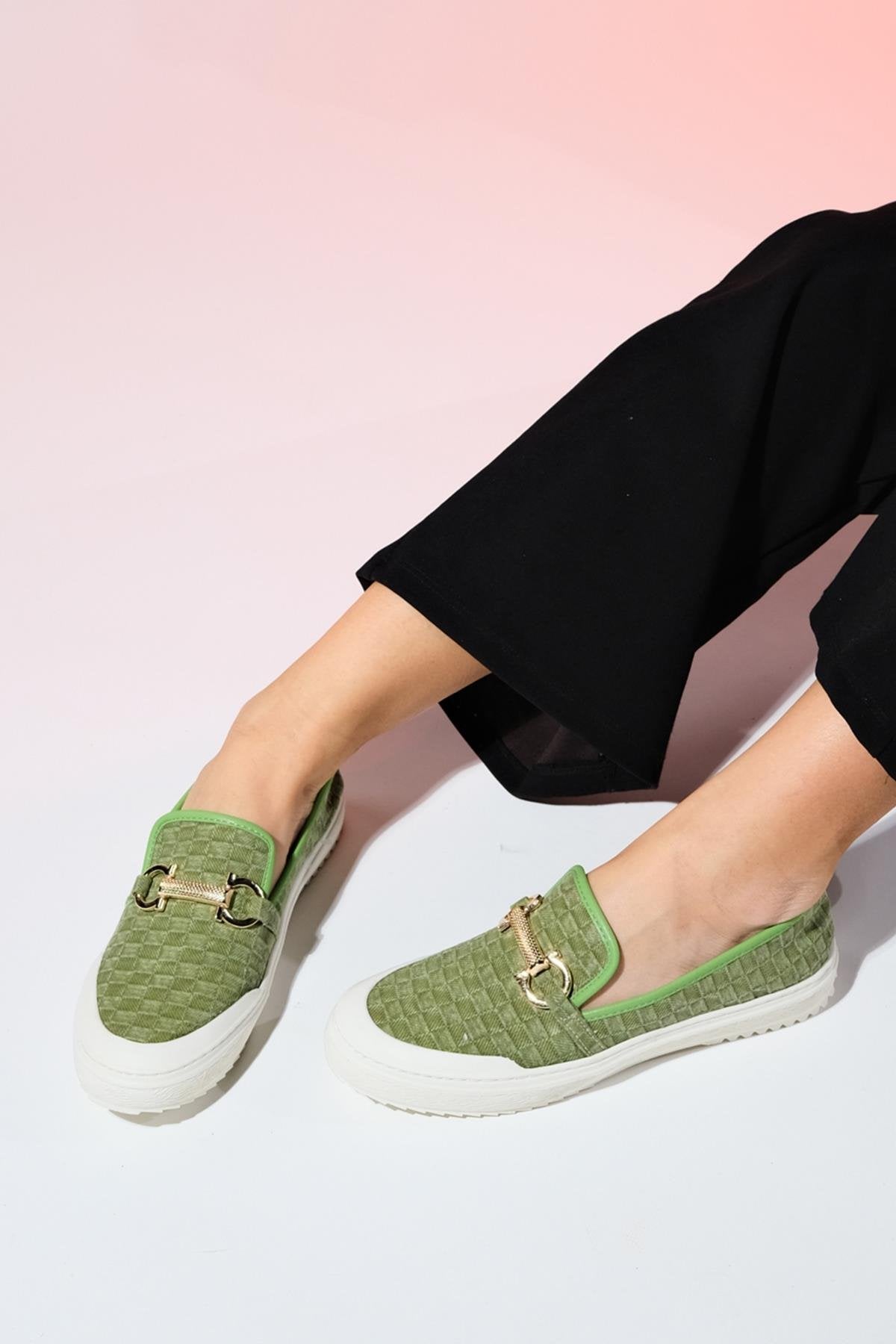 Marakesh - Green Denim Buckle Loafer – detail view showing leather, green, Vowalisse