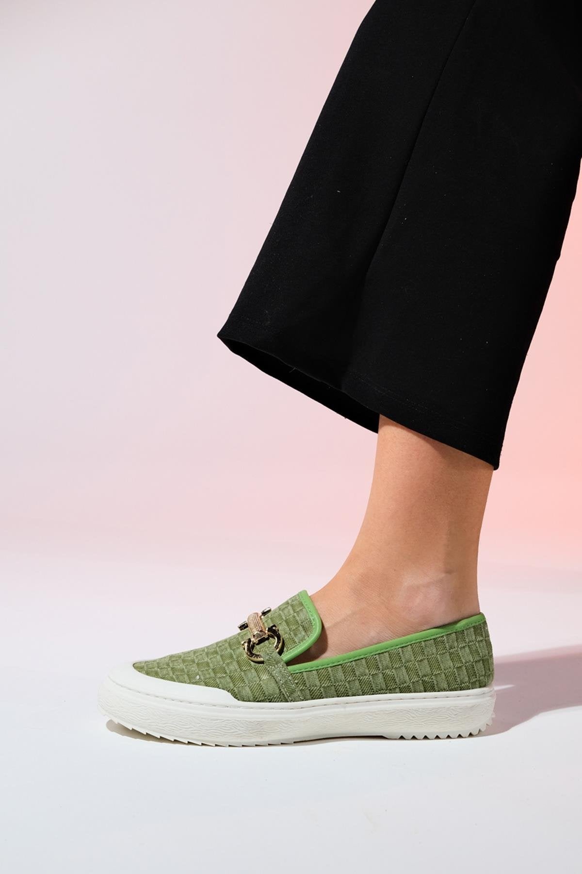 Marakesh - Green Denim Buckle Loafer – heel view showing leather, green, Vowalisse