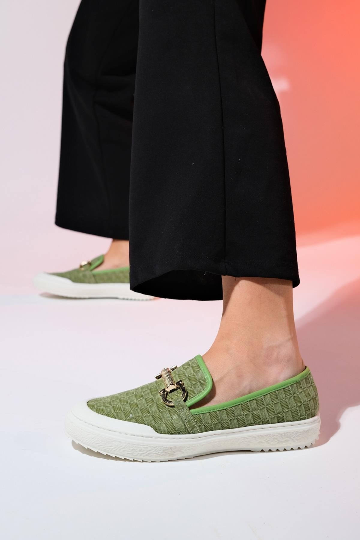 Marakesh - Green Denim Buckle Loafer – back view showing leather, green, Vowalisse