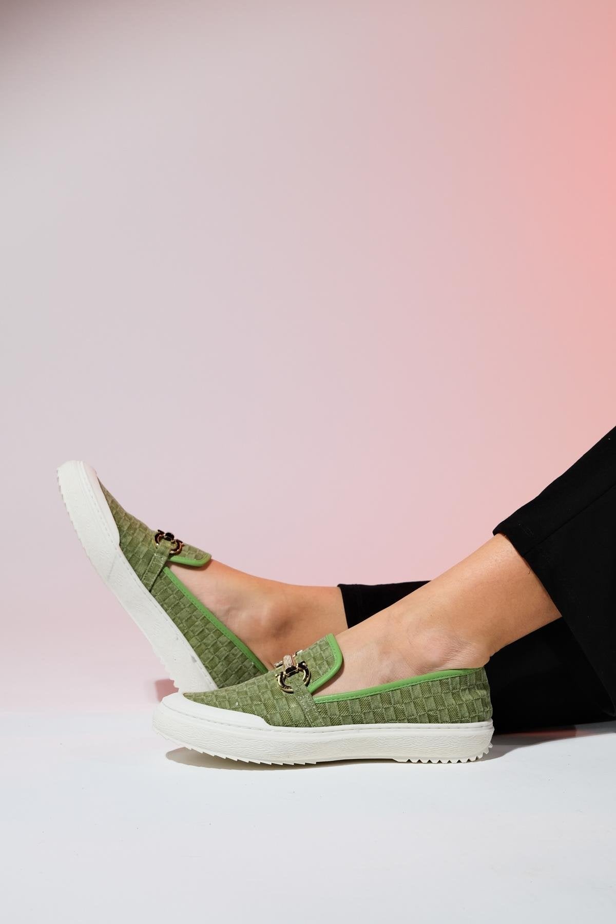 Marakesh - Green Denim Buckle Loafer – top view showing leather, green, Vowalisse