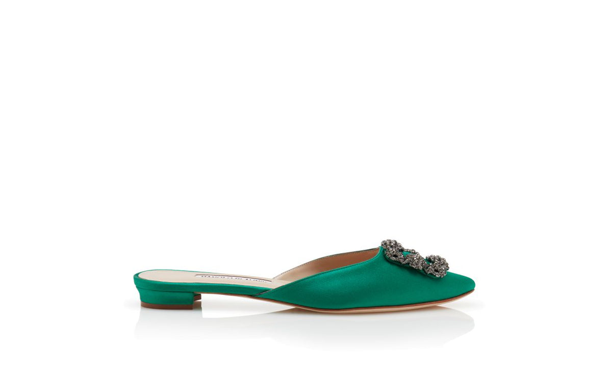 Violetta Crown Green Jewel Buckle Mules – side profile showing green jewel buckle, crystal buckle, satin, Vowalisse
