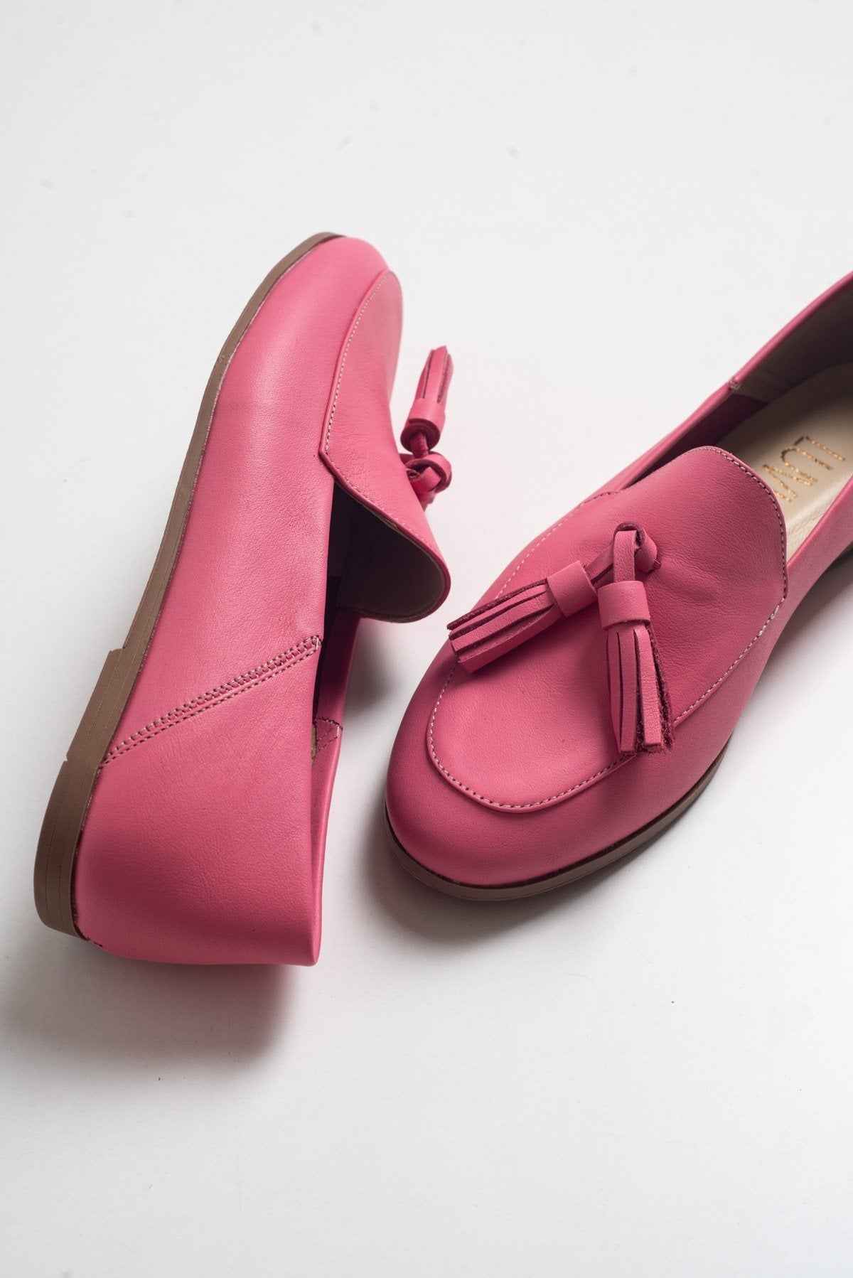 Mona - Pink Soft Leather Tassel Loafers – detail view showing leather, suede, pink, Vowalisse