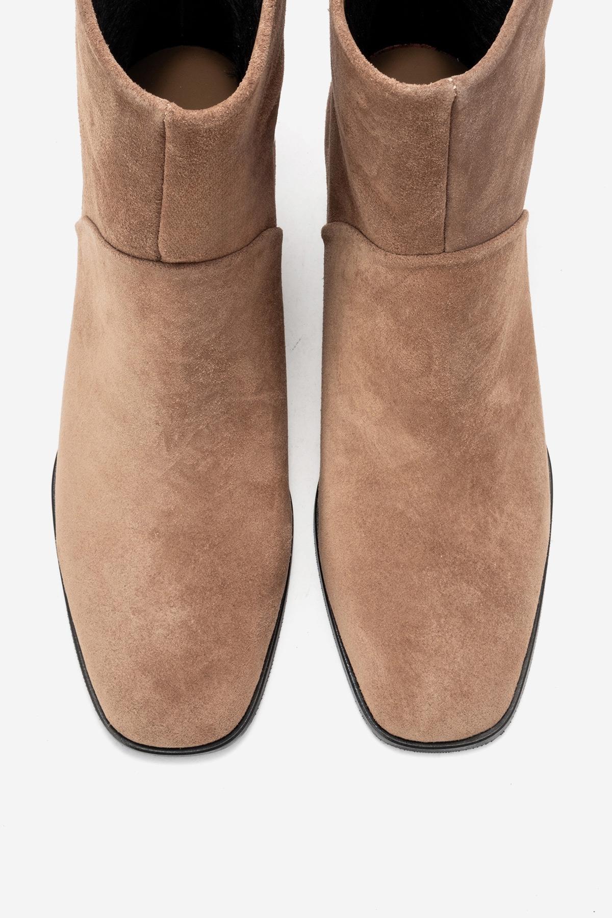 NORDY - Taupe Suede Genuine Leather Block Heel Boot – side view showing leather, suede, Vowalisse