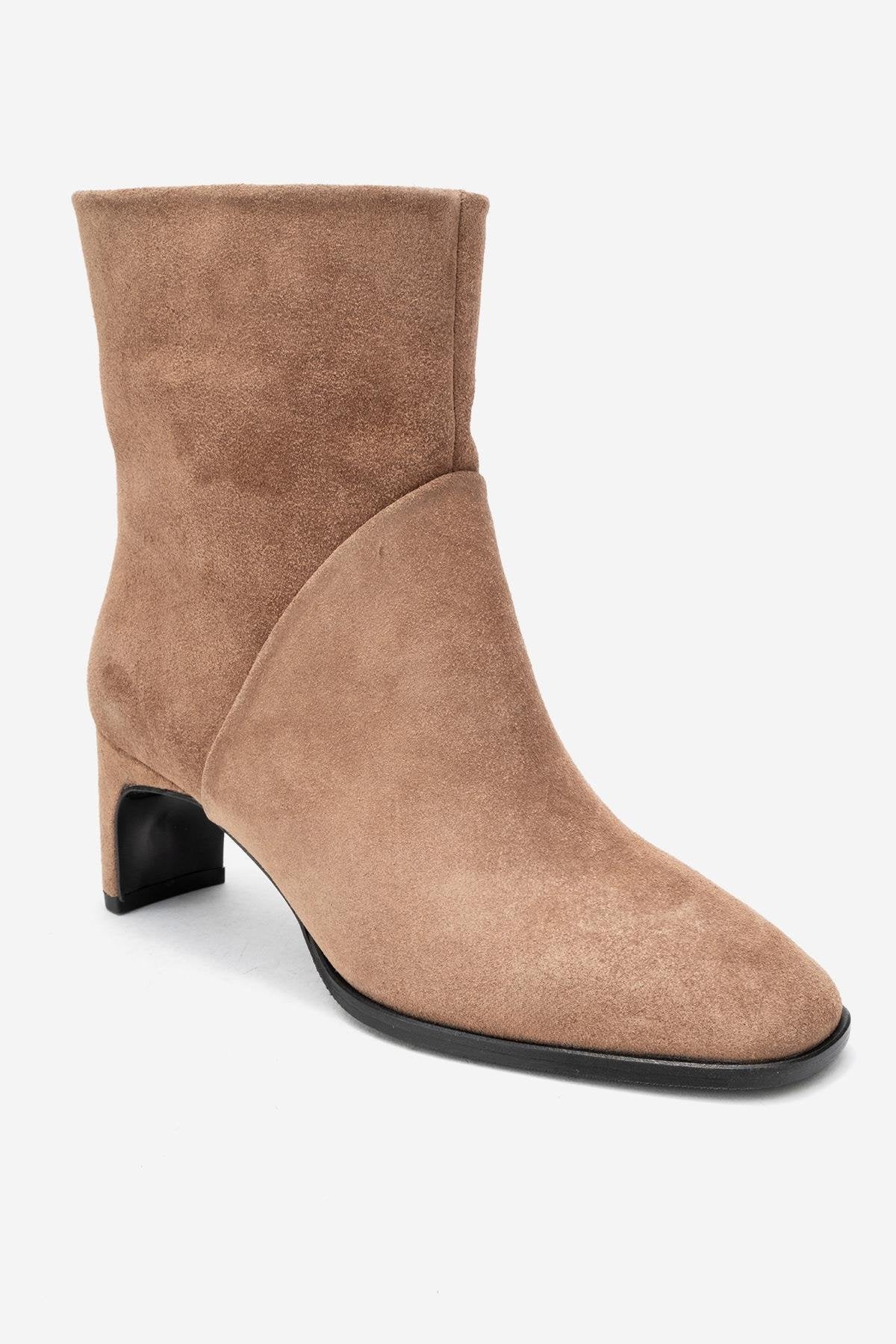 NORDY - Taupe Suede Genuine Leather Block Heel Boot – detail view showing leather, suede, Vowalisse