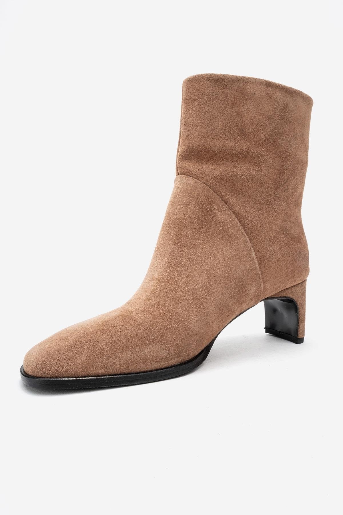 NORDY - Taupe Suede Genuine Leather Block Heel Boot – heel view showing leather, suede, Vowalisse