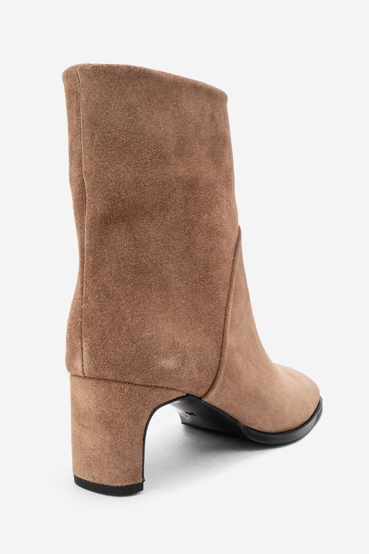 NORDY - Taupe Suede Genuine Leather Block Heel Boot – back view showing leather, suede, Vowalisse
