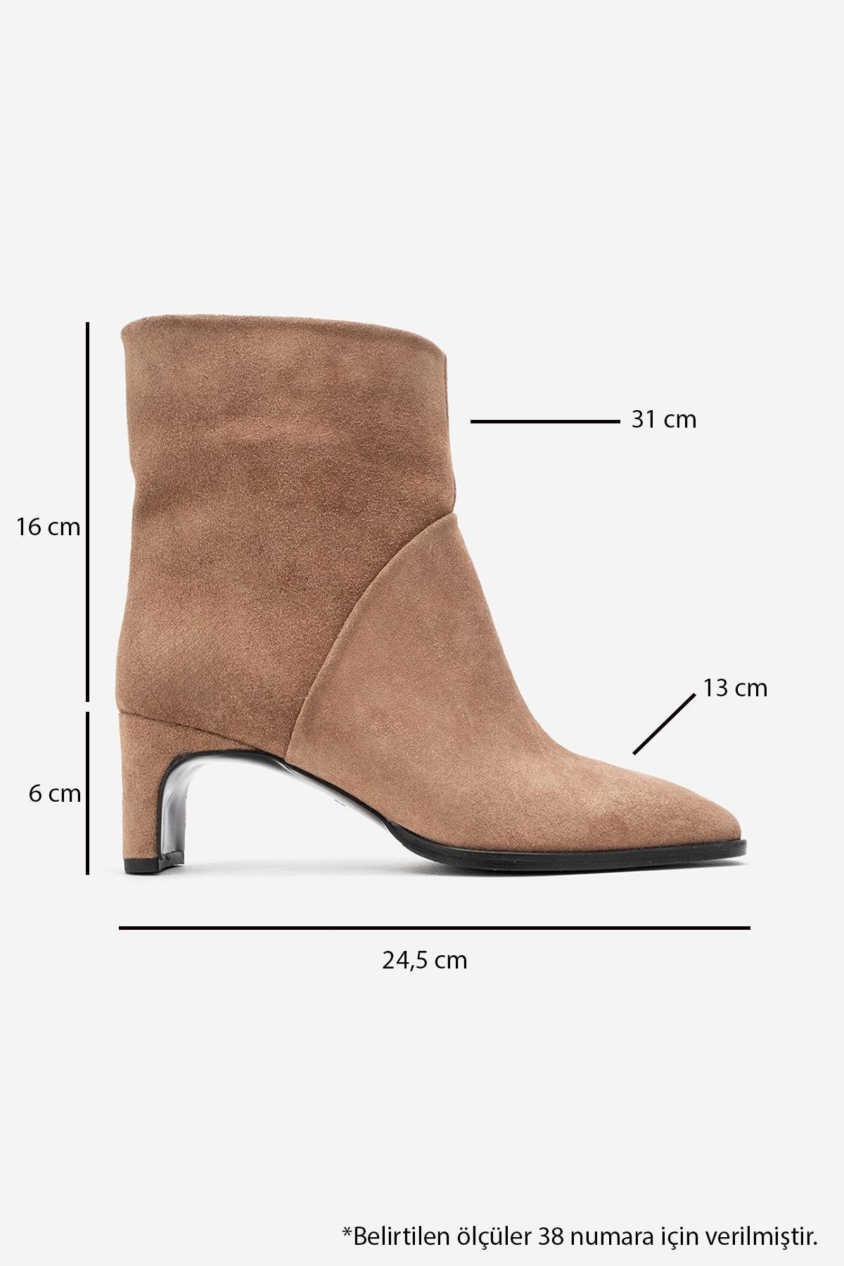 NORDY - Taupe Suede Genuine Leather Block Heel Boot – top view showing leather, suede, Vowalisse