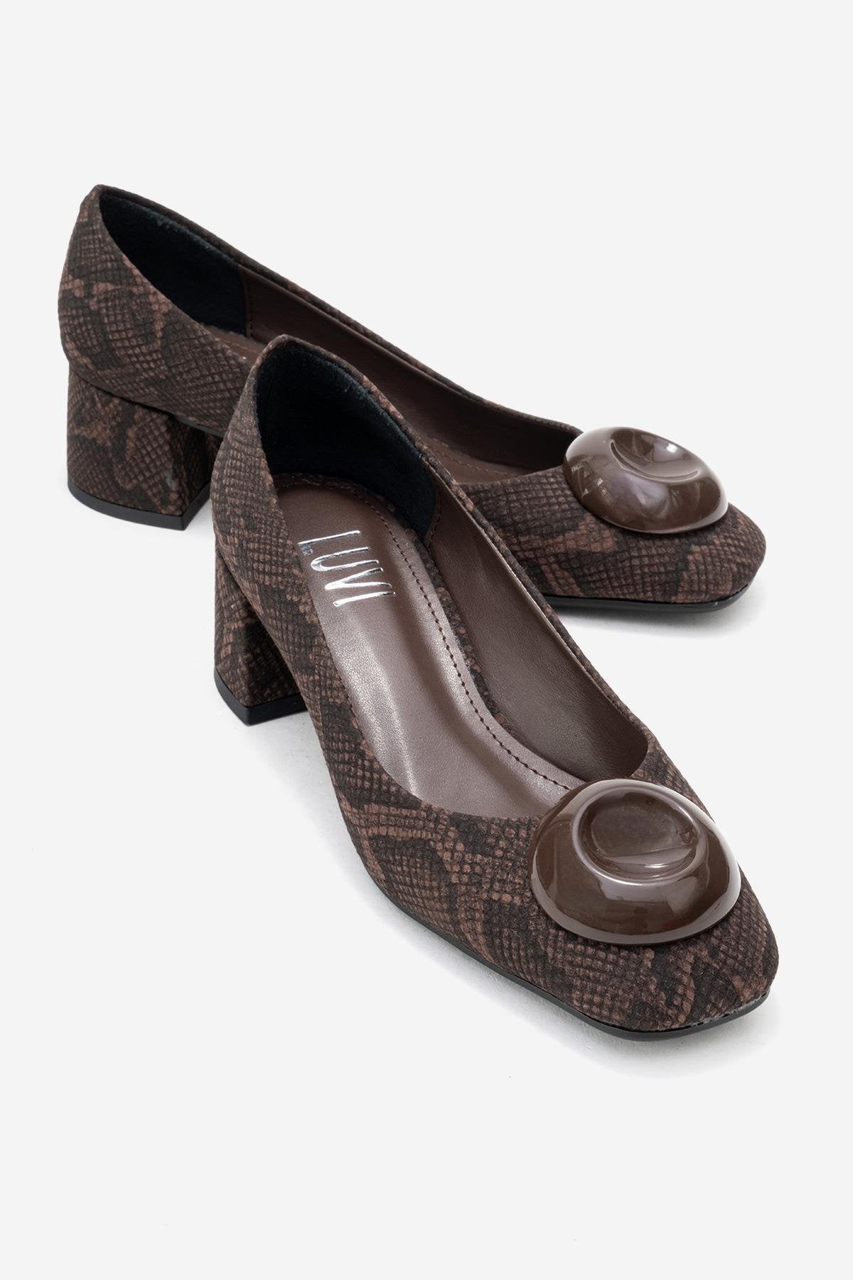 MILA - Brown Buckled Square Toe Block Heel Pump – front three-quarter view showing leather, Vowalisse