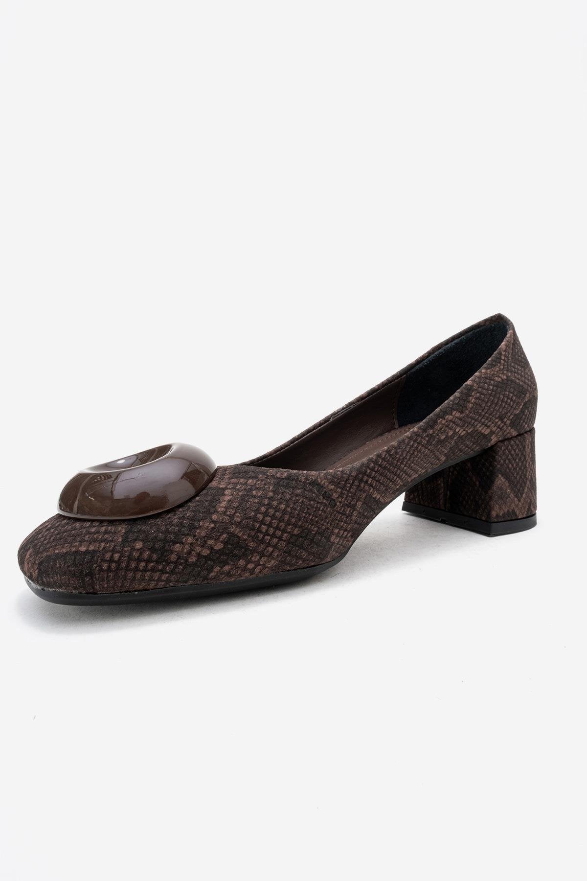 MILA - Brown Buckled Square Toe Block Heel Pump – heel view showing leather, Vowalisse
