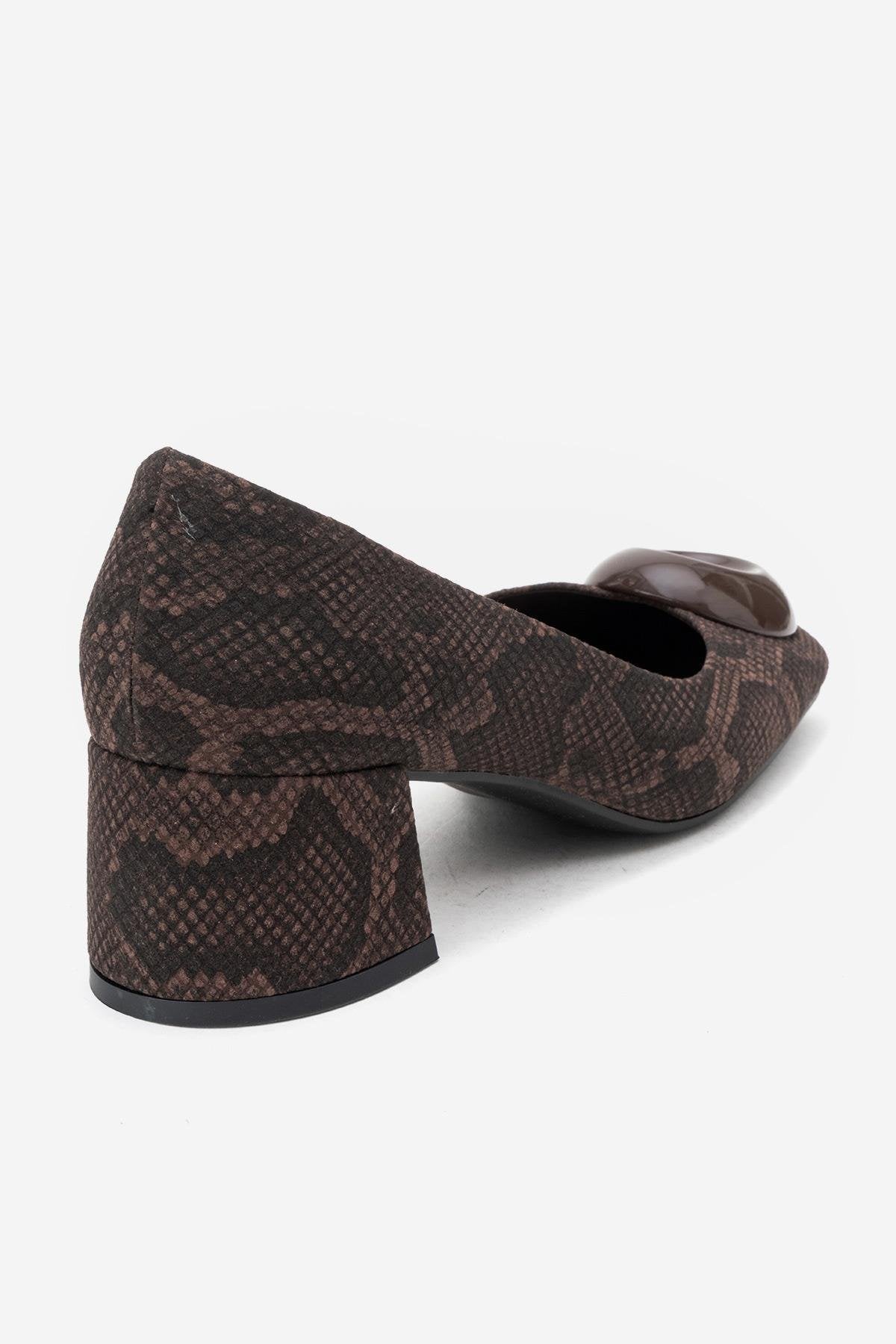 MILA - Brown Buckled Square Toe Block Heel Pump – back view showing leather, Vowalisse