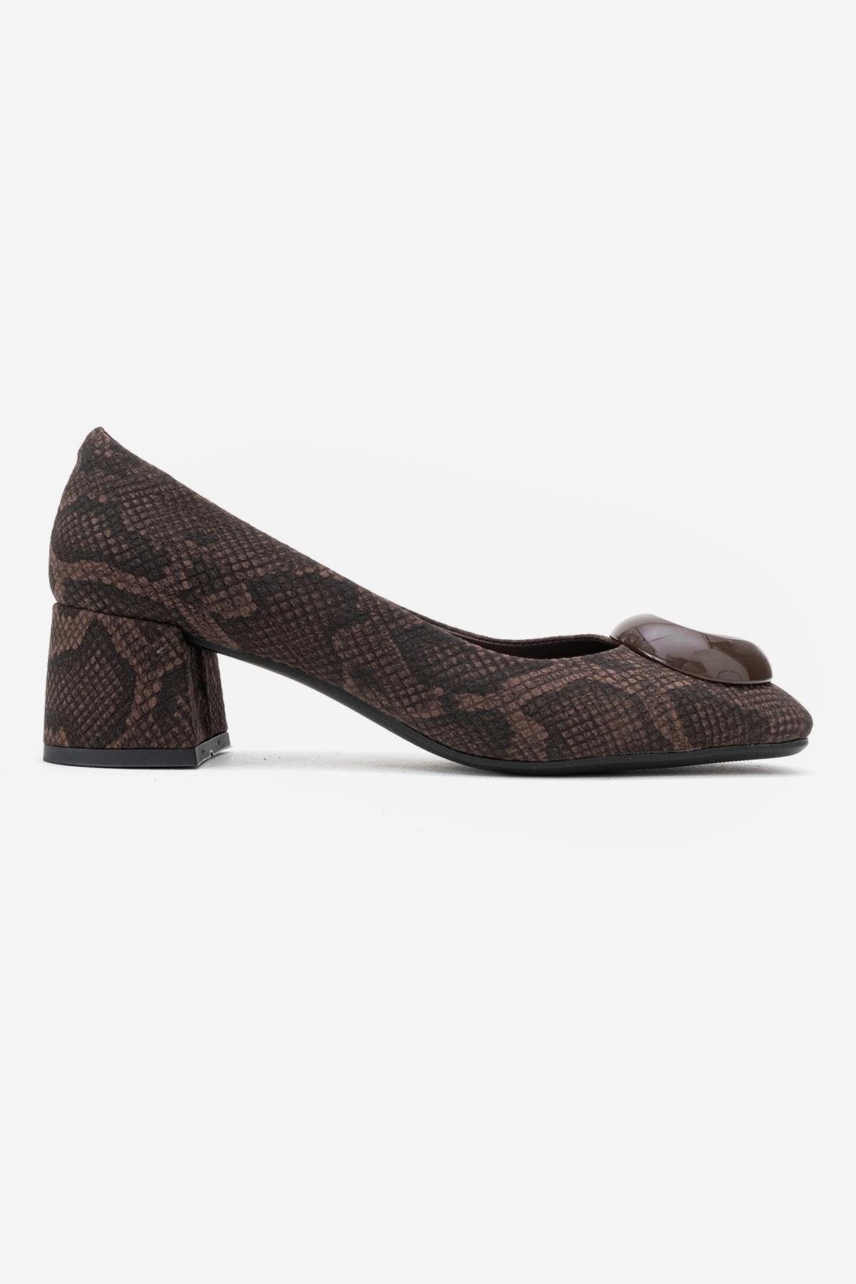 MILA - Brown Buckled Square Toe Block Heel Pump – top view showing leather, Vowalisse