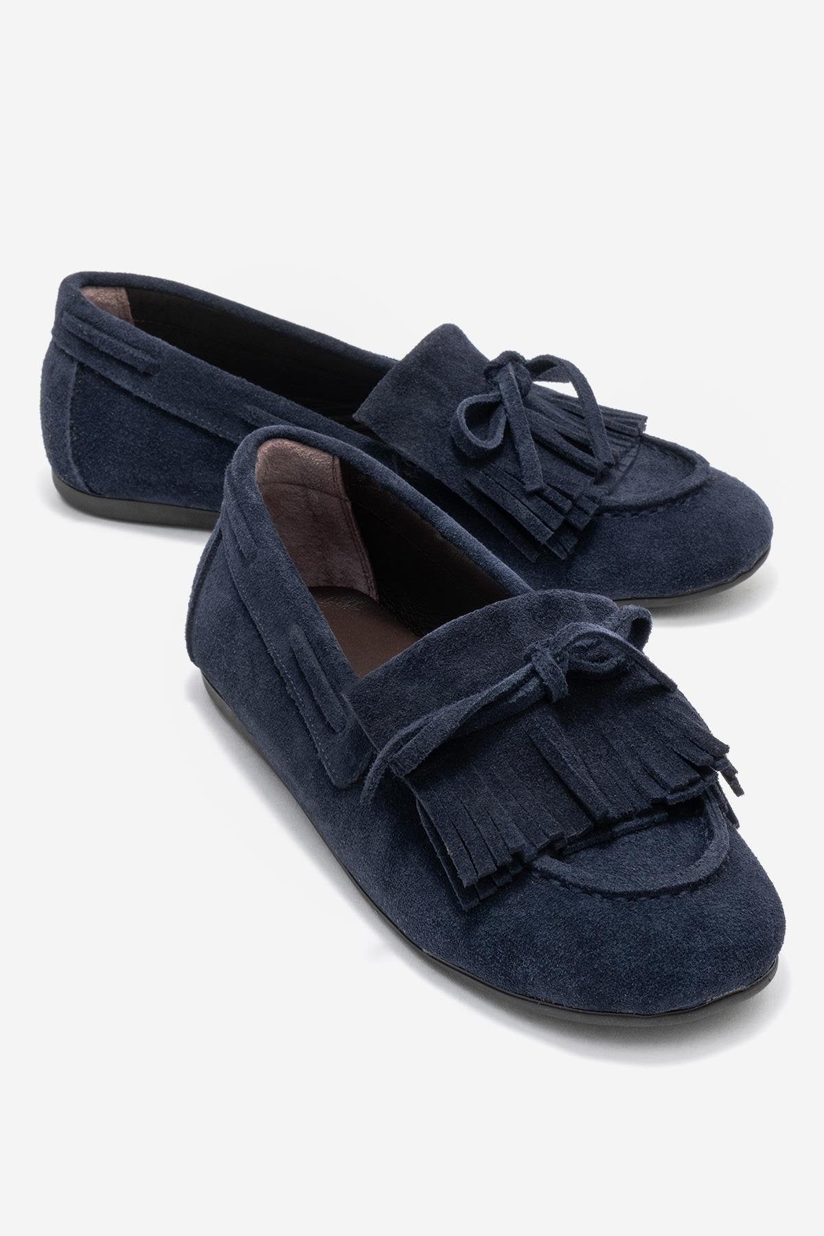 AXELI - Navy Suede Genuine Leather Loafer – front three-quarter view showing bow, leather, suede, Vowalisse
