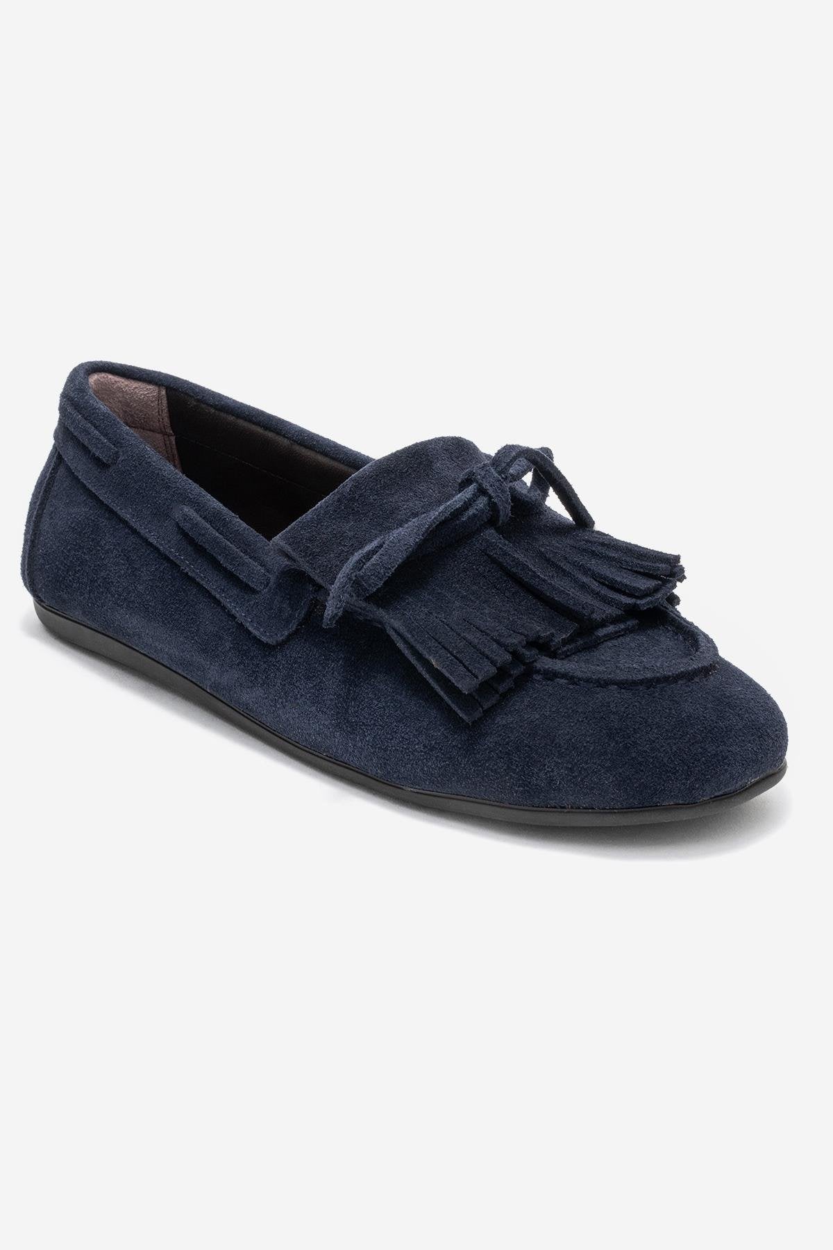 AXELI - Navy Suede Genuine Leather Loafer – side view showing bow, leather, suede, Vowalisse